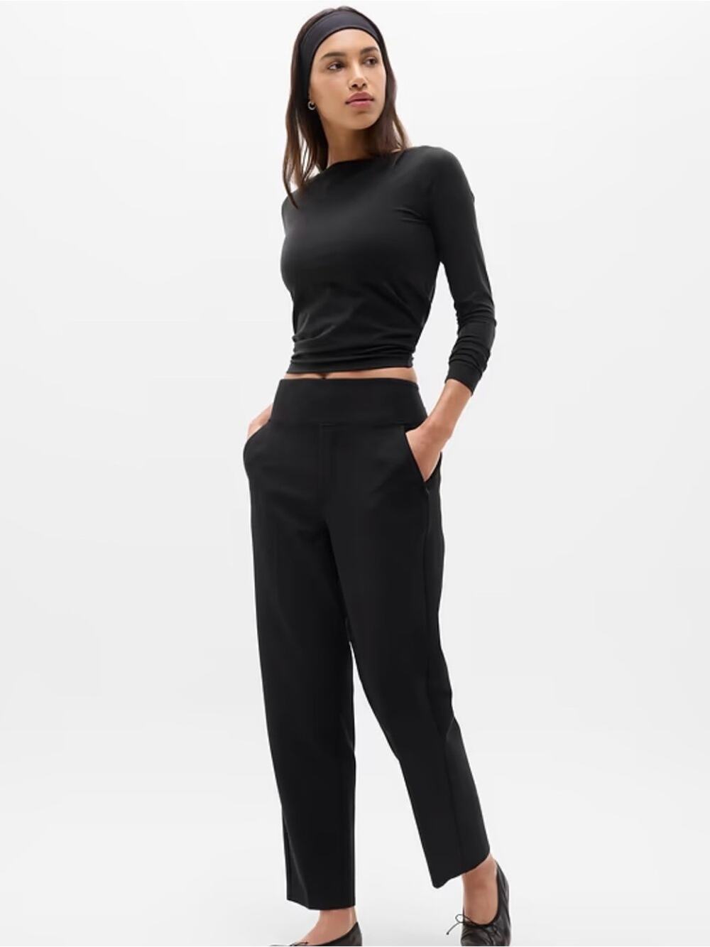UEC ATHLETA BLACK Endless High Rise Pant Textured stretch fabric tapered 8 TALL
